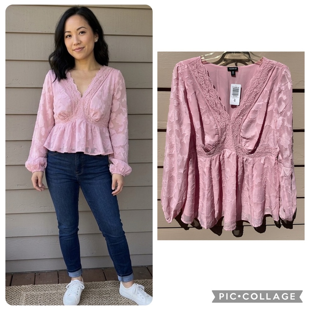Torrid Pink Lace Babydoll Peplum Blouse Empire Waist Semi Sheer Romantic SZ 10